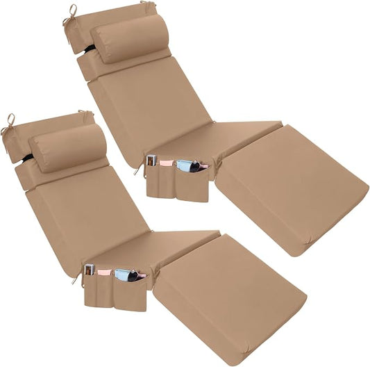 RattanView 2 Pcs Outdoor Chaise Lounge Cushion with Pillow and Side Pockets Waterproof Lounge Chair Cushions for Outdoor Furniture Patio Lounger Pad for Outside Pool Lawn (Brown,72 x 21 x 4)