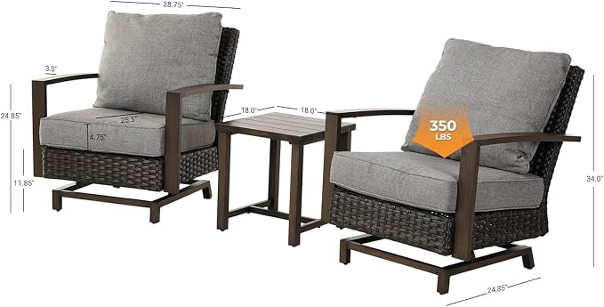 Grand patio Outdoor 3-Piece Aluminum Conversation Furniture Sofa Set Wicker Stationary Rockers with Wood Grain Finish and Coffee Table, Removable Olefin Cushion Dark Brown