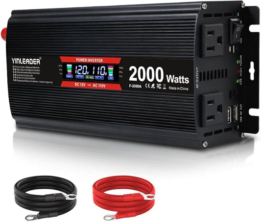 2000 watt Inverter 12V to 110V/120V, dc to ac Inverter 2000W with Intelligent LCD Display Dual AC Outlets Dual USB Charging Port for RV Truck Laptop (Black)