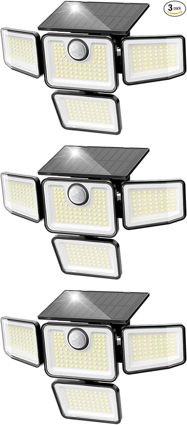 3000LM Solar Lights Outdoor, 4 Adjustable Heads Motion Sensor Security Light, 3 Modes, 6500K, IP65 Waterproof Solar Wall Flood Lights for Garden, Outside, Backyard, 3 Pack