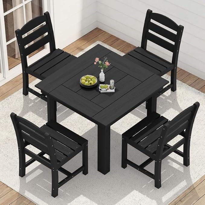KINGYES 5-Piece HDPE Outdoor Dining Set for 4, Square Patio Table & Armless Chairs with Umbrella Hole, All-Weather Patio Dining Set for Backyard, Garden, Lawn & Poolside, Black