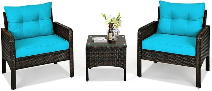 HAPPYGRILL 3 Piece Patio Furniture Set Outdoor Rattan Wicker Coffee Table & Chairs Set with Seat Cushions Patio Conversation Set for Garden Balcony Backyard Poolside