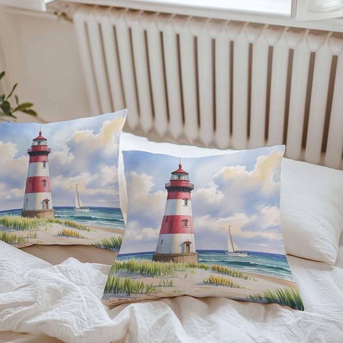 Beach Lighthouse Waterproof Outdoor Pillow Covers Set of 2 Home Decor, Coastal Ocean Ship Sky Oil Painting Pillowcase Patio Pillow Covers for Couch Bench Furniture Garden 18x18in