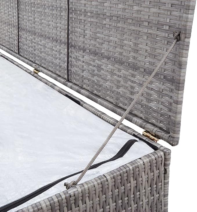 Patio Storage Box with Bench 59.1"x19.7"x23.6" Gray PE Rattan Outdoor Furniture Deck Box Waterproof Liner for Garden Poolside Backyard Porch Decor