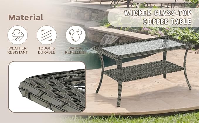 Swivel Patio Chairs sofa Set of 7 with 6" Thick Cushion - Wicker Outdoor Swivel Rocker Patio Chair ,Sofa/Glass coffee table, High Back Comfortable Outdoor Glider Chairs - Gery Wicker | Gery Cushions