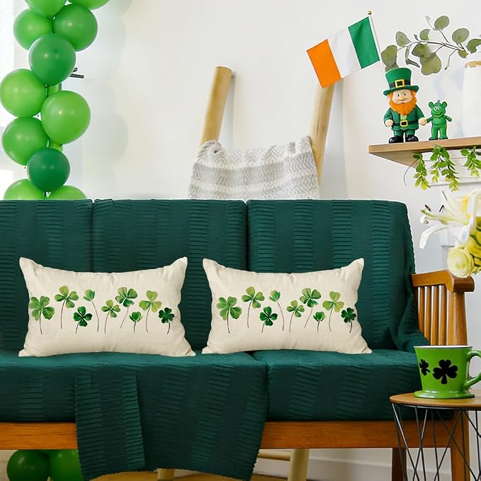 RABUSOFA St Patricks Day Clovers Pillow Covers 12x20 Inch Waterproof for Outside, Shamrock White Outdoor Farmhouse Indoor Spring Lumbar Cushion Cases Decoration for Sofa Couch (White, 12" x 20")