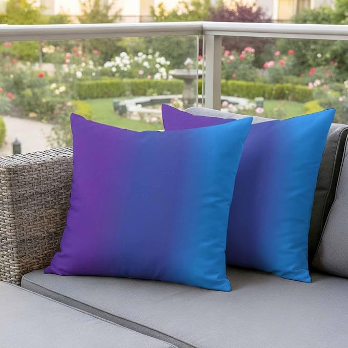 Purple Blue Ombre Outdoor Pillow Covers Waterproof, All Weather Cushion Case Set of 2, Modern Color Gradient Striped Decorative Pillowcases for Sofa Couch Bed Decor Patio Furniture 16"x16"