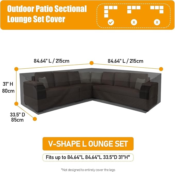 Patio Sectional Sofa Cover, Waterproof Outdoor Couch Cover, Lawn Patio Furniture ,Rip Stop,Anti UV,Oxford V Shaped Sectional ,Corner Sofa Protector Covers (Black, 84.6x84.6x31x33.5 in)