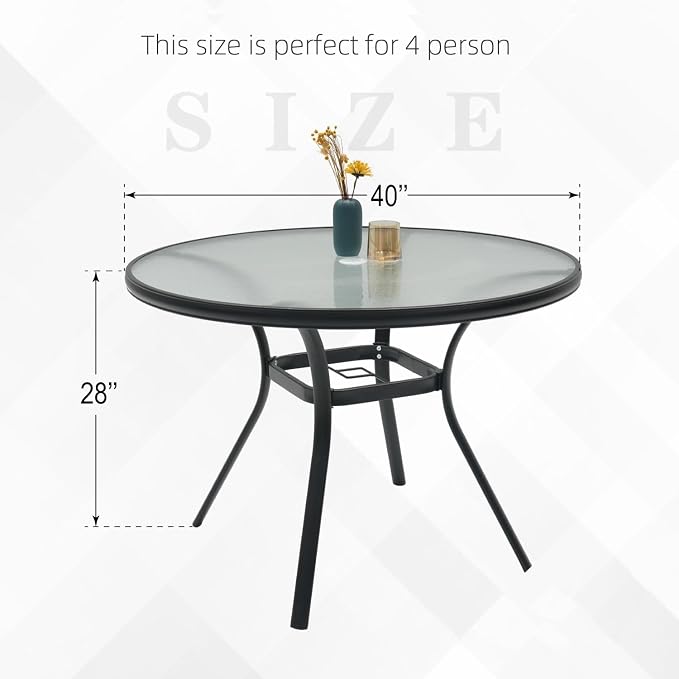 Outdoor Patio Set, 40"x 40"x 28" Round Glass Dining Table and 4pcs Swivel Chairs, All-Weather Patio Furniture Set with 1.7" Umbrella Hole for Garden Backyard Lawn Poolside