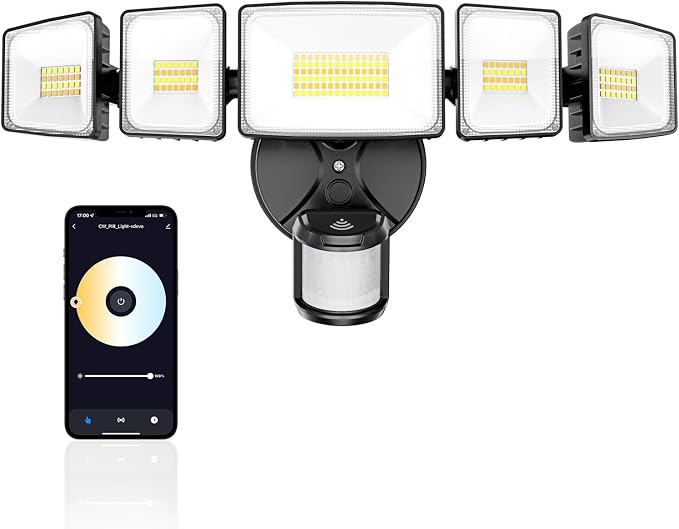 Onforu 120W Smart LED Security Lights Motion Sensor Outdoor 5 Heads, 340° Illumination WiFi Alexa Flood Light 12000LM APP Control, 2700K-6500K Exterior Motion Detector, IP65 Wall Light for Yard, Balck