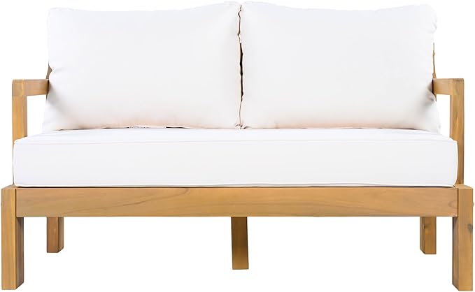 Christopher Knight Home Bayah Acacia Wood Outdoor Loveseat and Coffee Table Set, 2 Piece Patio Furniture Set with Water-Repellent Cushion, Solid Wood Outdoor Conversation Set, Beige+Natural