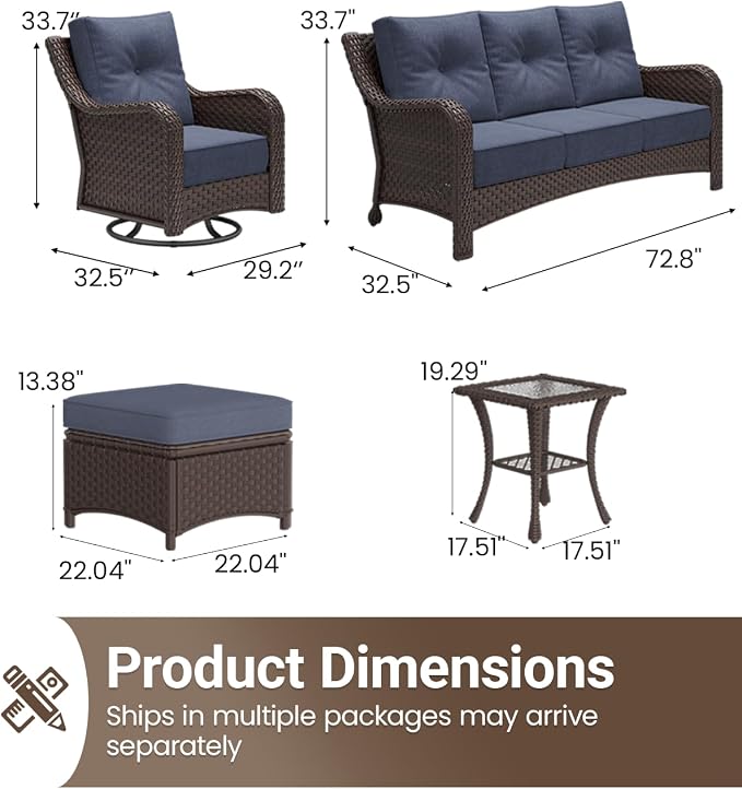 7 Pieces Outdoor Furniture Set with 6-inch Cushions, High Back Wicker Swivel Rocker Chairs with Coffee Table, Luxury Conversation Set for Deck Patio and Poolside