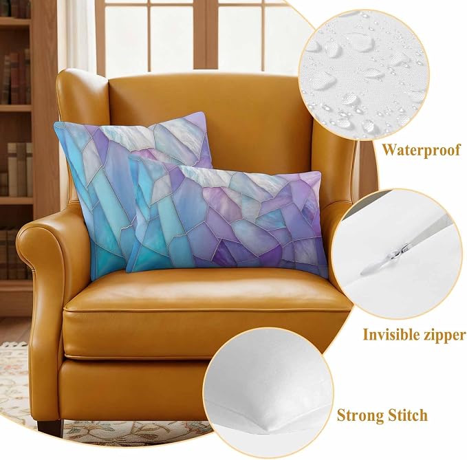 Blue Purple Gradient Outdoor Waterproof Pillow Covers Set of 2, Abstract Glass Geometric Marble Modern Pillowcase Decorative Throw Cushion Cases for Patio Garden Couch 26 x 26 Inches