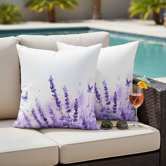 Spring Purple Lavender Outdoor Waterproof Throw Pillow Covers Set of 2, 16"x16", Country Watercolor Purple Floral Butterfly Decorative Pillow Covers Outside Cushion Case for Patio Porch Garden