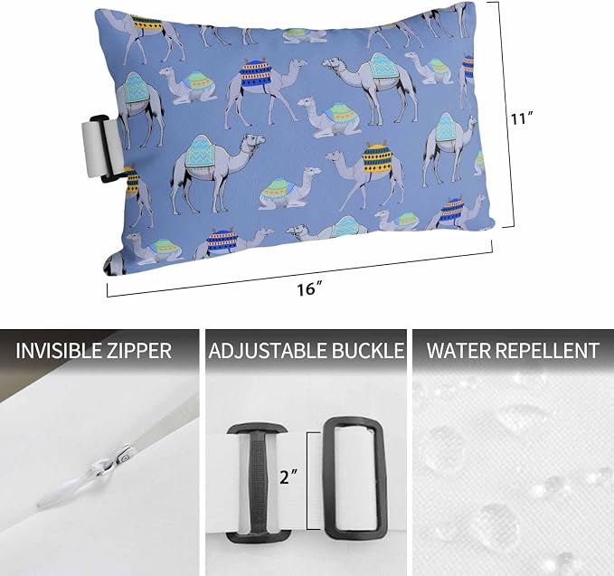 Chaise Lounge Headrest Pillow 2 Pack, Blue Camels Waterproof Chair Pillows with Insert & Adjustable Elastic Strap for Beach Pool Recliner, Modern Watercolor Cute Funny Animals Outdoor Patio Pillow