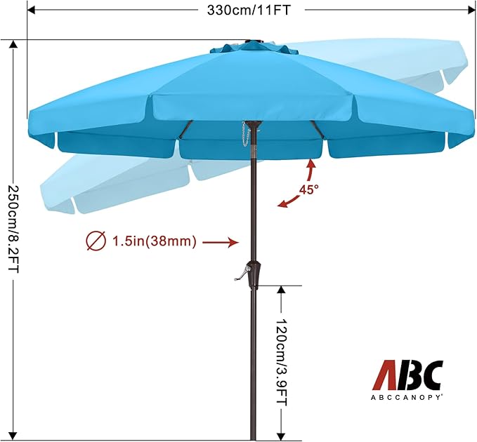 ABCCANOPY 11ft Scalloped Patio Umbrella, Outdoor Table Umbrella with Tilt and Crank, Fiberglass Ribs Deck Umbrella for Patio, Pool, Garden, Picnic (Turquoise)