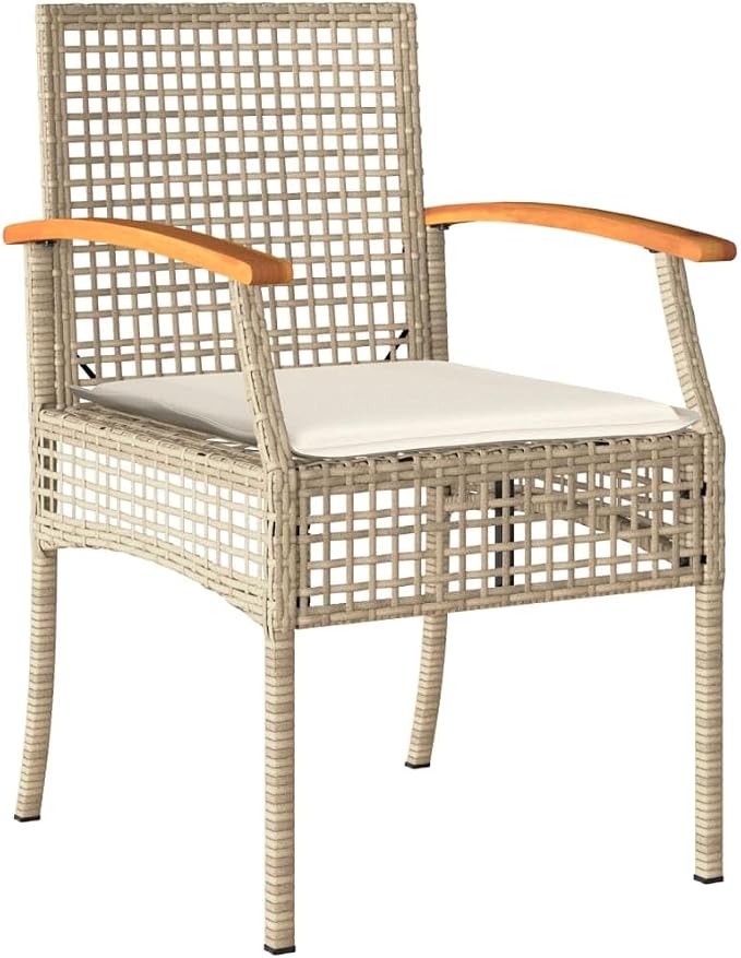 5 Piece Patio Dining Set with Cushions Beige Poly Rattan Outdoor Table and Chairs for Garden Backyard Deck Tempered Glass Top Powder Coated Steel Frame UV Proof