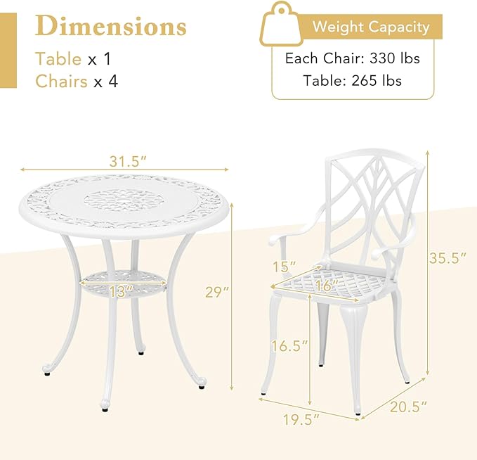 Tangkula 5 Pieces Cast Aluminum Outdoor Dining Set, Round Dining Table with 2” Umbrella Hole & 4 Armchairs, All-Weather Outdoor Furniture Set for Patio, Balcony, Garden & Backyard, White