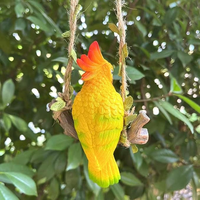 Resin Parrot Hanging Tropical Decor Outdoor Porch Tree Tiki Bar Decorations Outdoor Hanging Bird Sculpture for Christmas Tree Plant Patio Lawn Yard Porch Balconies Decor (Yellow)