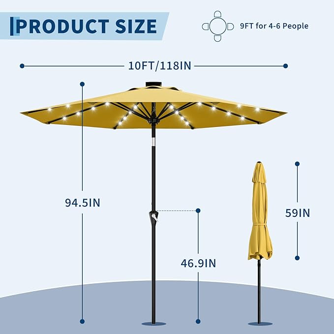 Garvee 10FT Solar Patio Umbrella with 32 LED Lights - Outdoor Table Umbrella with Crank Lift, Push Button Tilt and 8 Sturdy Ribs - Market Umbrella UV Protection for Pool, Deck, Yard, Garden -Yellow
