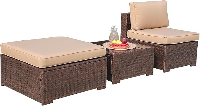 Patiorama 3 Piece Patio Furniture Set, Outdoor Sectional Sofa, PE Wicker Rattan Conversation Set, All Weather Armless Chair and Ottoman with Coffee Table, Brown Wicker Beige Cushion