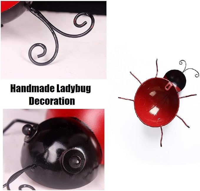 Metal Ladybugs Garden Wall Art Decor Cute Ladybugs Wall Sculptures & Statues Outdoor Decoration Yard Lawn Porch Fence Ornaments, Set of 4