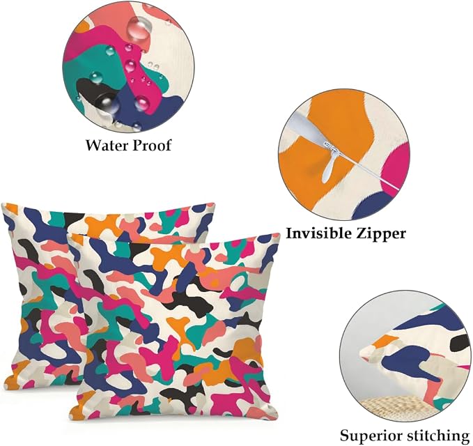 16x16 Inch Outdoor Pillow Covers Set of 2 Waterproof Throw Pillow Covers Decorative Couch Cushion Covers Colorful Camouflage Art Square Pillowcases Protectors for Patio Garden Sofa