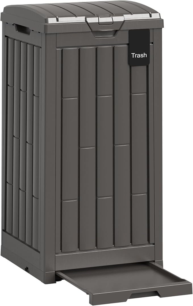 Outdoor Trash Can, 30 Gallon Garbage Can with Tiered Lid and Drip Tray, Waterproof Resin Waste Bin for Patio, Garden, Backyard, Deck, Brown