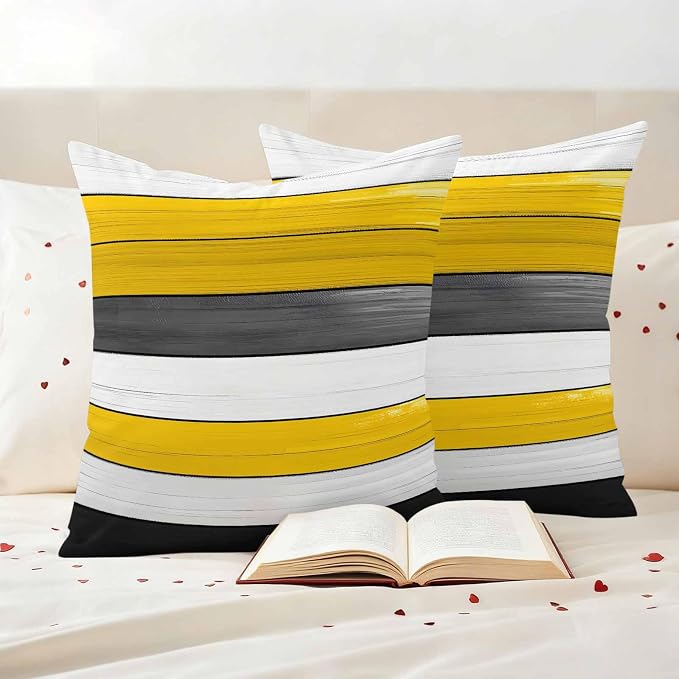 Yellow Black Outdoor Pillow Covers 26"x26" Set of 2, Striped Gradient Wood Grain Modern Art Waterproof Throw Pillow Covers for Patio Furniture, Decorative Cushion Covers for Porch