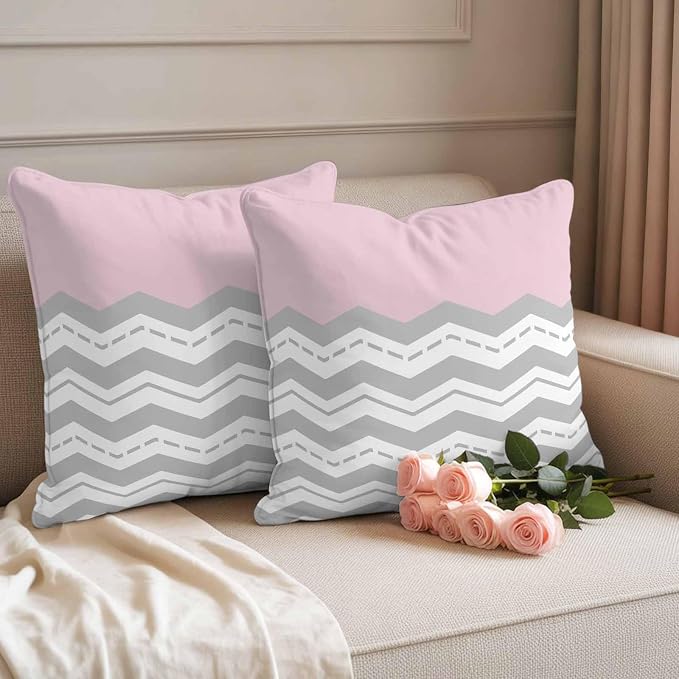 Grey Chevron Waterproof Outdoor Pillow Covers Set of 2 Home Decor, Geometric Pink Print Wavy Striped White Pillowcase Patio Pillow Covers for Couch Bench Furniture Garden 26x26in