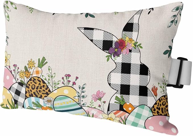 Chaise Lounge Head Resting Pillows,Bunny Easter Eggs Spring Flowers Plaid Rabbit Linen Outdoor Chaise Pillows,Waterproof Patio Furniture Pillows with Insert and Elastic Strap for Beach Chair