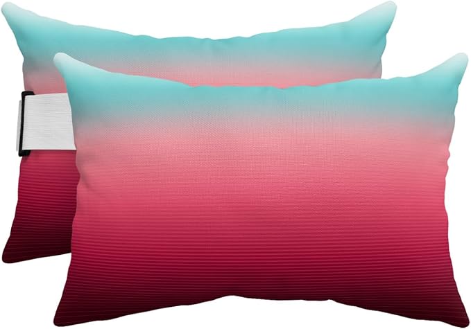 Outdoor Pillows Covers with Inserts Turquoise Rose Red Stripe Gradient Waterproof Recliner Pillow with Adjustable Strap Throw Pillows for Patio Furniture Pool Lounge Chair, 12x20 inch, 2PCS