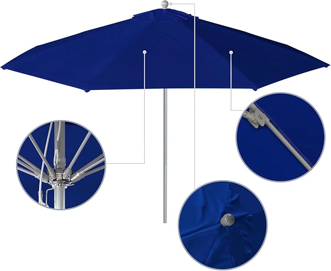 California Umbrella 11Ft Commercial Grade Sunbrella Fabric Market Umbrella, Pulley Lift, Aluminum/Fiberglass, 2mm pole wall, Silver Frame, True Blue Fabric