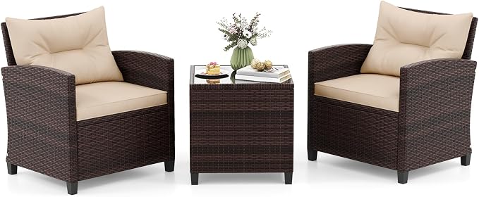3-Pieces Patio Furniture Set, PE Wicker Chairs Sofa Set with Removable Cushions & Glass Top Side Table, Outdoor Wicker Rattan Conversation Chair for Porch,Backyard, Balcony (Light Yellow)