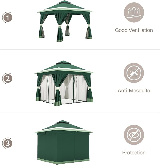 LAUSAINT HOME Patio Gazebo 10'x10', Outdoor Heavy Duty Party Tent Shelter with Double Roofs, Mosquito Nettings and Privacy Screens for Backyard, Garden, Lawn, Forest Green