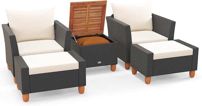 Tangkula 5 Pieces Patio Furniture Set, PE Rattan Chairs with Storage Table, Ottomans, Soft Pillows & Cushions, Acacia Wood Tabletop & Legs, Outdoor Conversation Set for Porch, Garden (White)