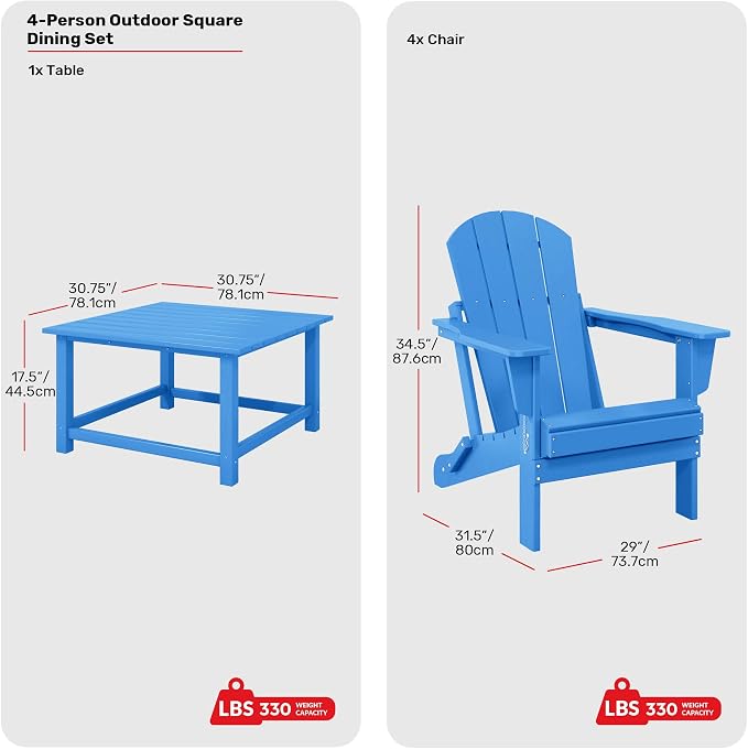 Costaelm Patio Conversation Set, 5 piece Balcony Furniture, Small Patio Firepit Furniture Outdoor Adirondack Square Coffee Table and Chair for Backyard Lawn Porch Pool Garden, Pacific Blue