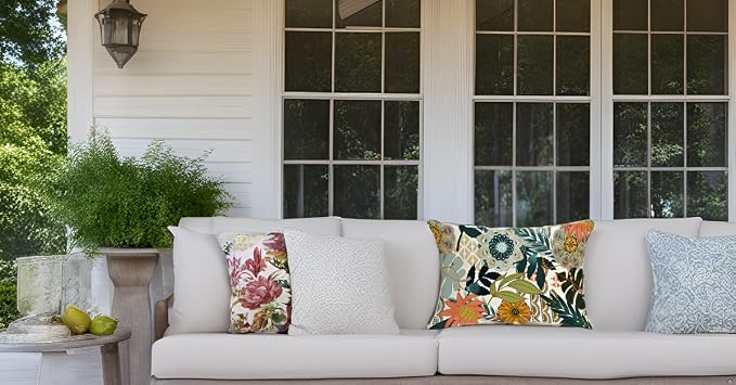 Floral Outdoor Pillow Covers Waterproof Boho Flowers Leaves Decorative Patio Pillows Cushion Covers Set of 4 for Porch Bench Furniture Decor