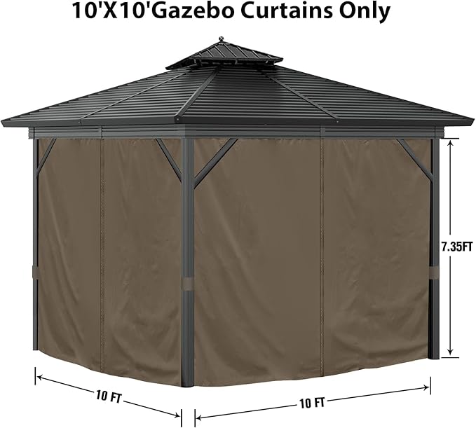 Gazebo Curtains 10'x10' Outdoor Waterproof, 4-Panels Sidewall Curtains Universal Replacement with Zipper for Patio, Backyard, Garden (Brown, 10'x10')