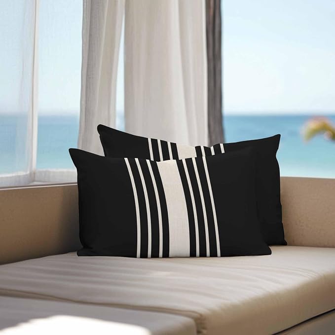 Vandarllin Outdoor Throw Pillows Covers 20x12 inch Set of 2 Waterproof Black Stripes Decorative Zippered Cushion Covers for Patio Furniture, Classic Striped Linen Lumbar Pillowcases
