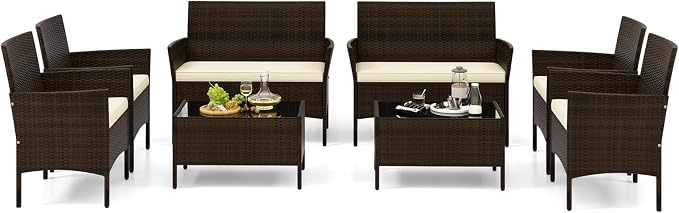 Tangkula 8 Piece Patio Rattan Conversation Set, Outdoor Wicker Furniture Set with Chair, Loveseat & Tempered Glass Table, Cozy Seat Cushions, Outside Sectional Sofa Set for Backyard, Porch (2, Beige)