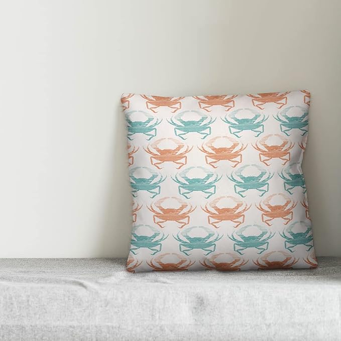 Teal and Coral Crab Indoor/Outdoor Pillow | Decorative Pillows for Living Room Couch Bed Sofa Patio, Fluffy Soft Cushion | Water Resistant Orange, 18x18
