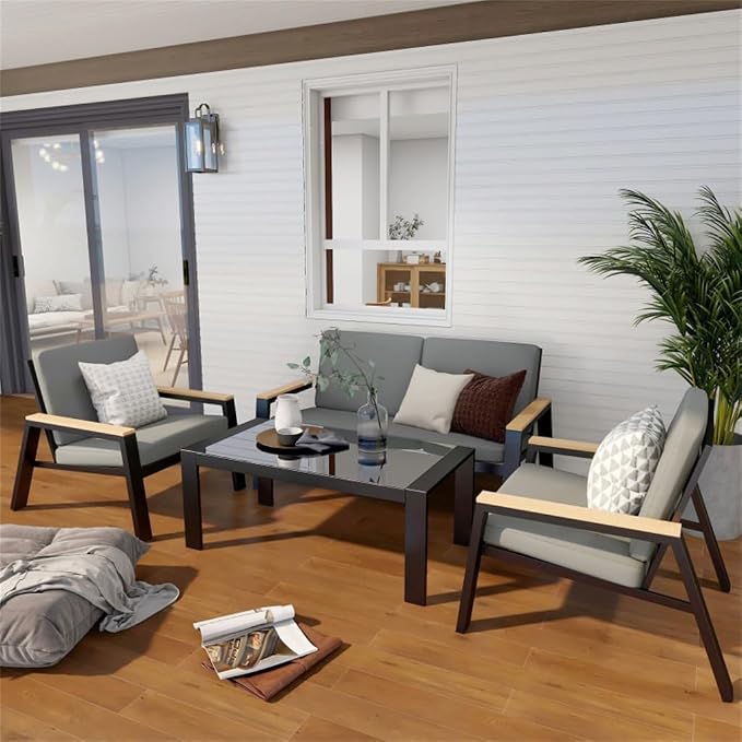 Metal 4- Person Seating Group with Cushions, Double Chair, Two Single Chairs, Glass Table, Suitable for Balconies