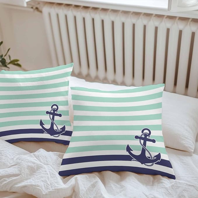 Throw Pillow Covers 18x18 Inch Set of 2, Anchor Aqua Waterproof Outdoor Cushion Covers, Modern Navy Blue White Striped Nautical Decorative Pillowcases for Couch, Sofa, Bed, Garden, Patio