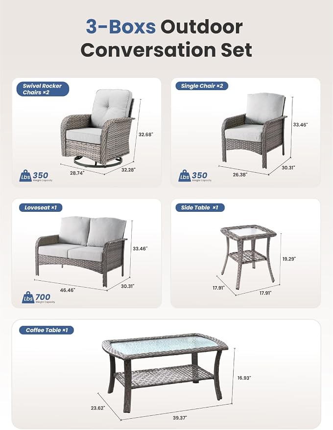 7-Piece Outdoor Patio Furniture Set with Swivel Chairs, Outdoor Conversation Wicker Sofa with Coffee Table, Rattan Couch for Deck Yard Poolside, Grey