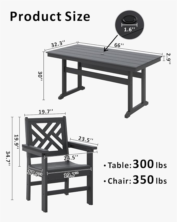 HDPE Outdoor Dining Set for 6,Patio Dining Set with Umbrella Hole,Weather Safe Outdoor Table and Chairs for Garden, Backyard, Poolside Black