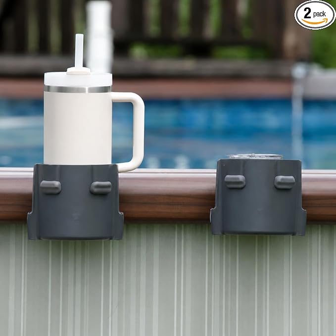 2-Pack Poolside Cup Holders for Square-Top Above Ground Pools, Adjustable Fit for Wide Edges, Non-Slip Silicone Grips, Fits Tumblers & Drink Bottles, Use on Deck, Boat & Patio, Dark Grey