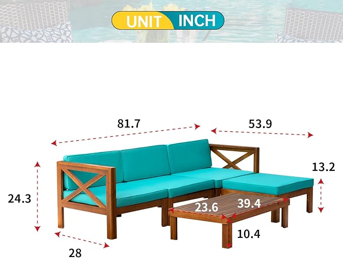 5-Piece Acacia Wood Outdoor Sofa Set Patio Bistro Set Furniture Outdoor Chat Conversation Table Chair Set with Water Resistant Cushions and Coffee Table for Beach Backyard Garden