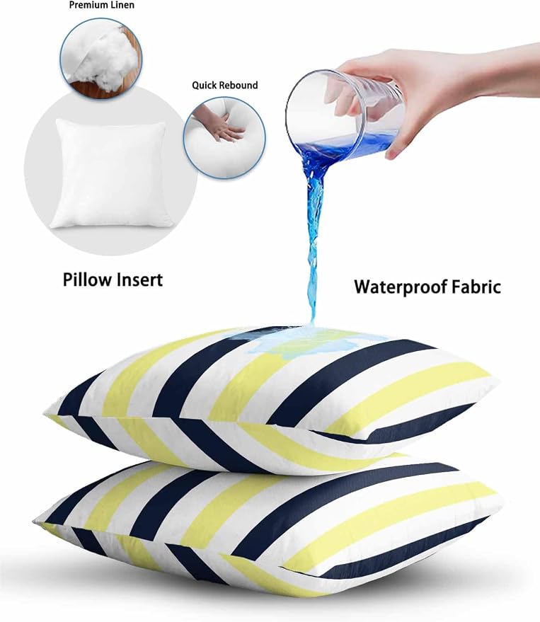 Outdoor Pillows Waterproof, Yellow Navy Blue Striped Bedding Throw Pillows with Insert for Couch Sofa Bed, Farmhouse Stripe Art 12x20 Inch Pillowcases Decorative Camping Patio Pillow Set of 2