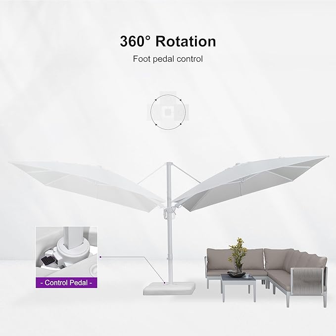 PURPLE LEAF 9' X 12' Right-left Tilt White Cantilever Umbrella with Base Patio Outdoor Swivel Umbrellas with Aluminum Tilt Offset Umbrella with 360° Rotation for Deck Pool, White